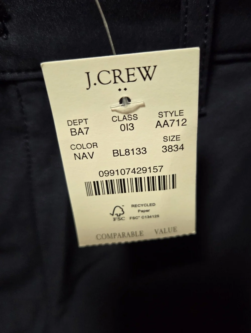 J.Crew Men’s Skim Tech Pant Navy Blue Golf UPF Moisture Wicking Size 38x34 New!